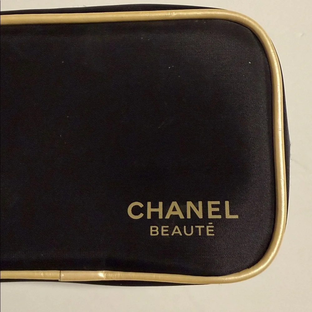 CHANEL Black and Gold Beauty Nylon Zippered Cosmetic Makeup Bag NWOT